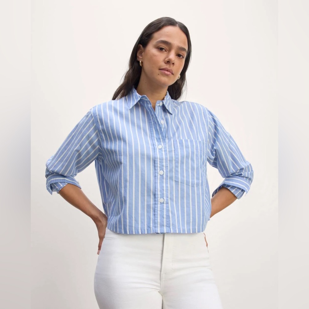 Everlane The Way Short Shirt Silky Cotton Striped Blue White XS